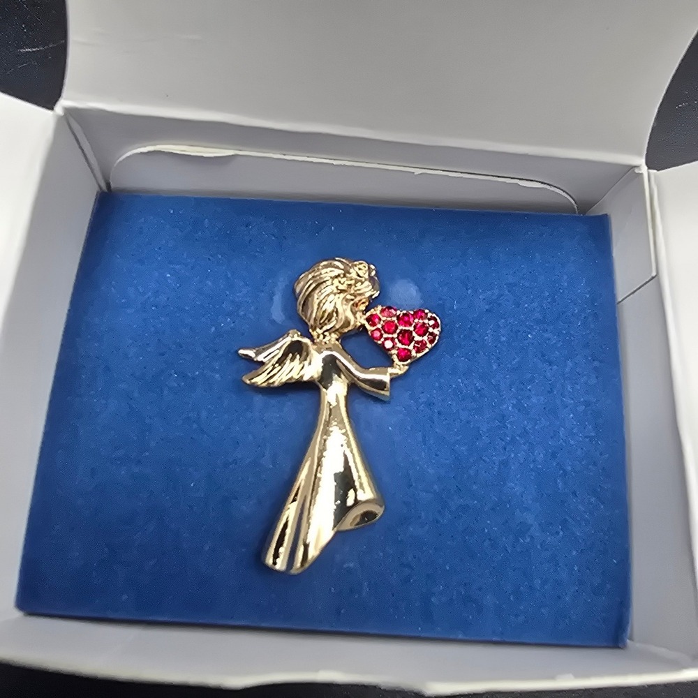 Avon With All My Heart Angel Pin Red Rhinestone Gold Tone In Box NIB Vintage